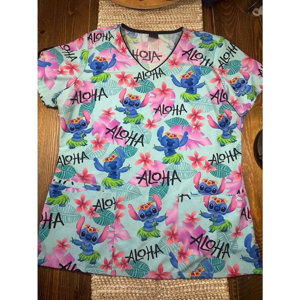 Disney Lilo & Stitch Tropical Aloha Hula Stitch V-Neck Scrub Top size Medium